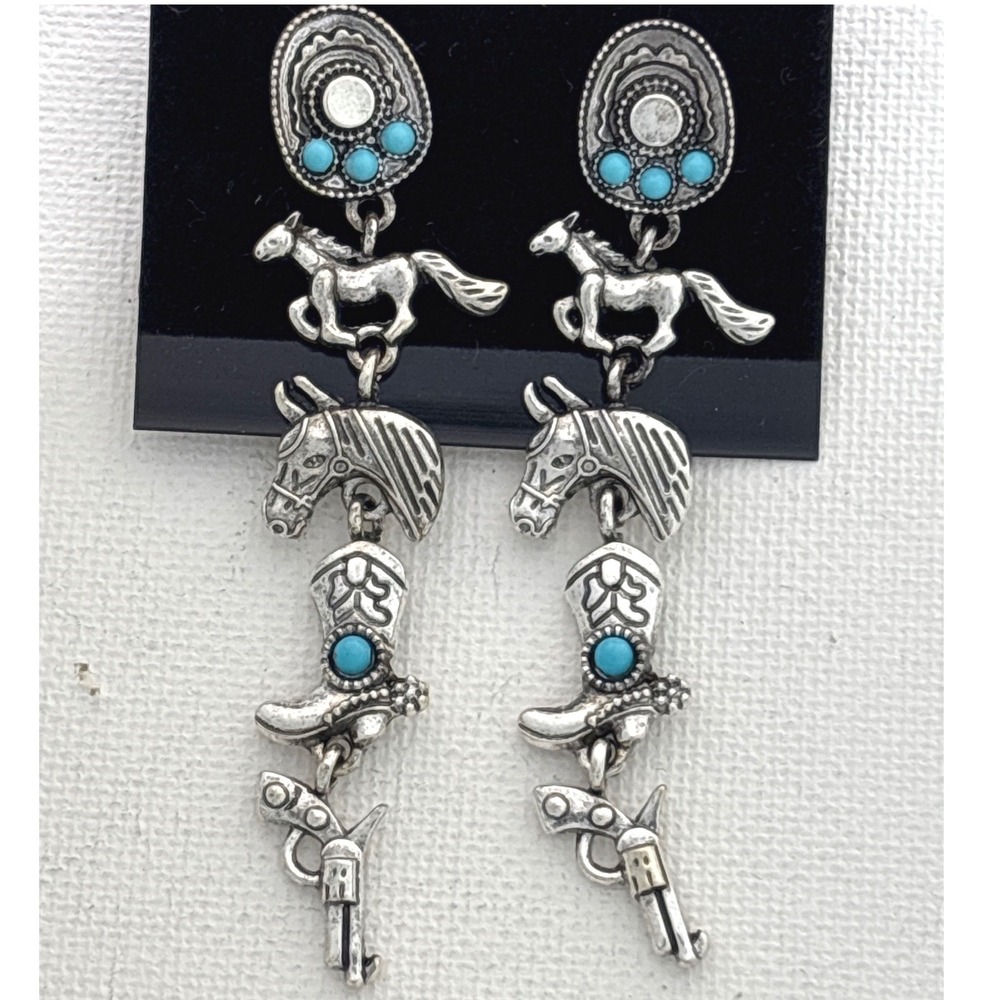 Earrings Silver Tone Turquoise Western Horse Boot Pistol Post Dangle New